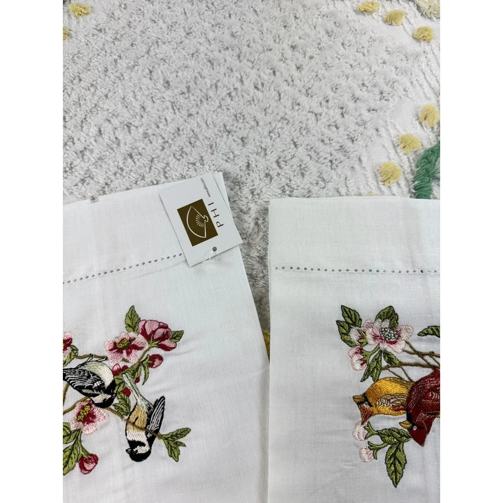 Peking‎ Handicraft PHI Set of 4 Embroidered Bird Linen Cotton Guest Towels White